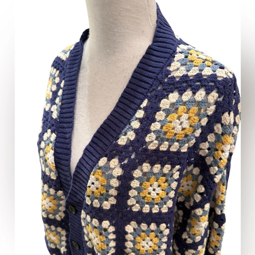PacSun Estate Cardigan Crochet Granny Square V-Neck Button Down Sweater Navy - Picture 3 of 13
